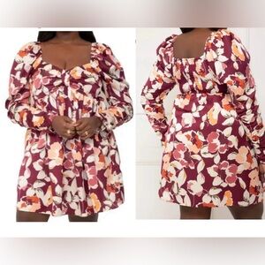Eloquii Burgundy Floral Mini Dress Long Sleeves